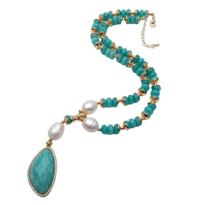 Sterling Silver Green Jade & White Rice Pearl Amazonite Pendant Necklace for Her