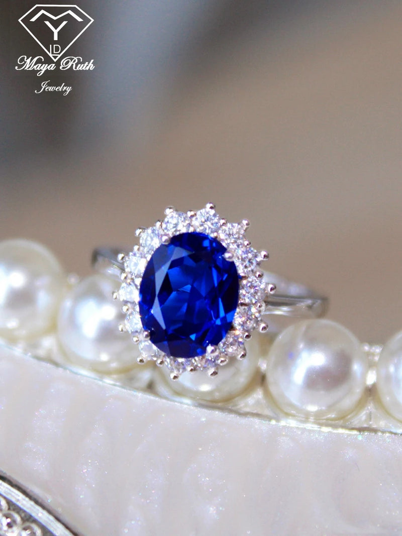 925 Sterling Silver Blue Sapphire Halo Oval Ring for Women