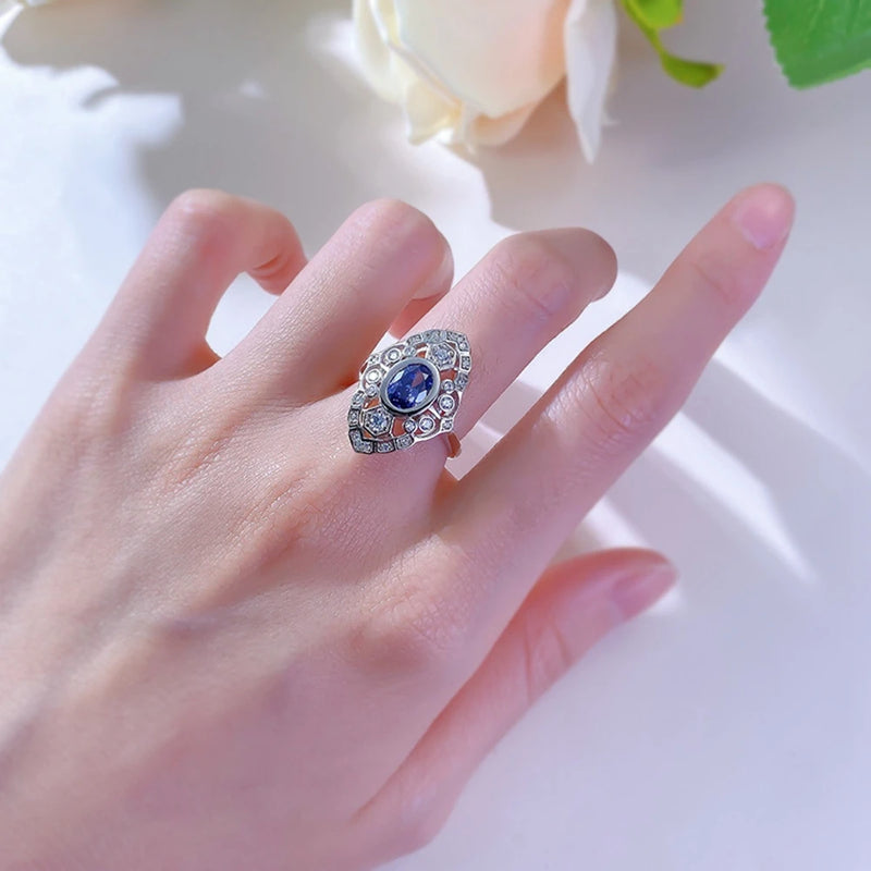 925 Sterling Silver Oval Cut Sapphire Ring for Women