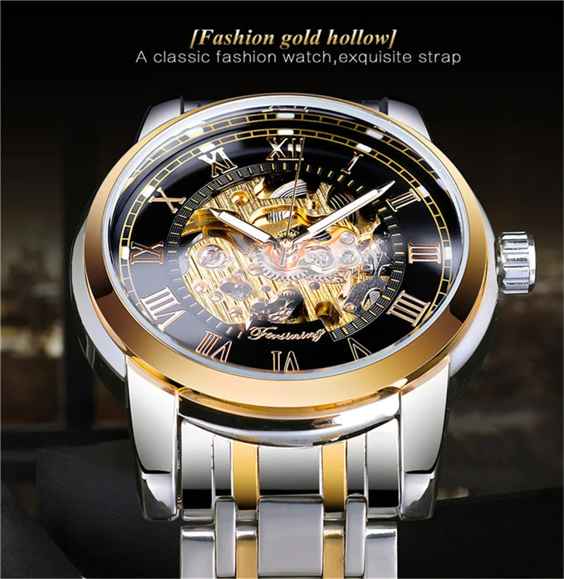 Stainless Steel Mechanical Skeleton Wristwatch for Men