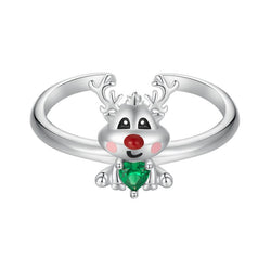 Sterling Silver Green Zircon Reindeer Adjustable Ring for Women