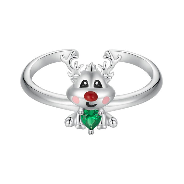 Sterling Silver Green Zircon Reindeer Adjustable Ring for Women