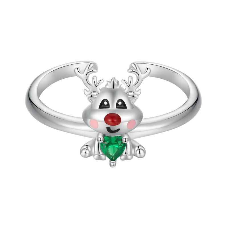 Sterling Silver Green Zircon Reindeer Adjustable Ring for Women