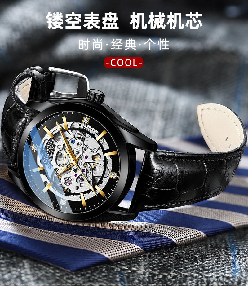 Stainless Steel Leather Strap Automatic Skeleton Luminous Waterproof Watch for Men