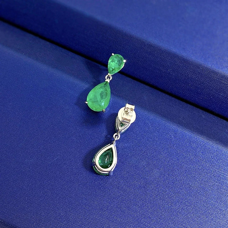 925 Sterling Silver Pear Cut Emerald Dangle Drop Earrings for Women