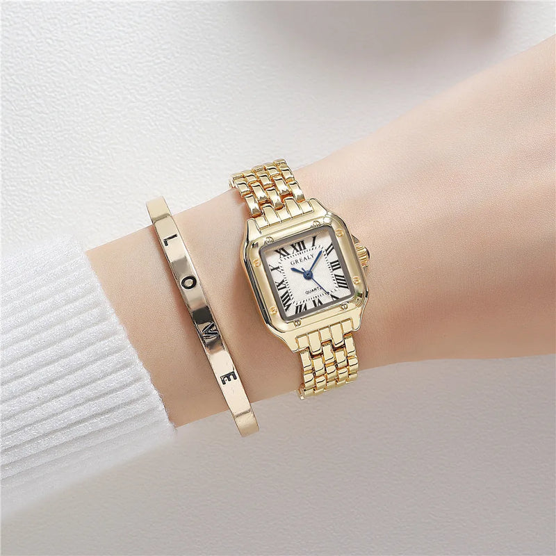 Gold Alloy Square Luxury Quartz Wristwatch with Roman Numerals for Women