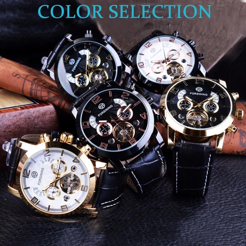 Stainless Steel Leather Strap Skeleton Flywheel Tourbillon Calendar Wristwatch for Men