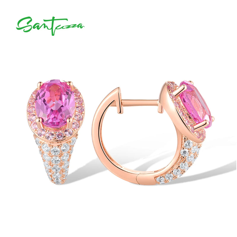 925 Sterling Silver White CZ & Pink Sapphire Hoop Earrings for Women