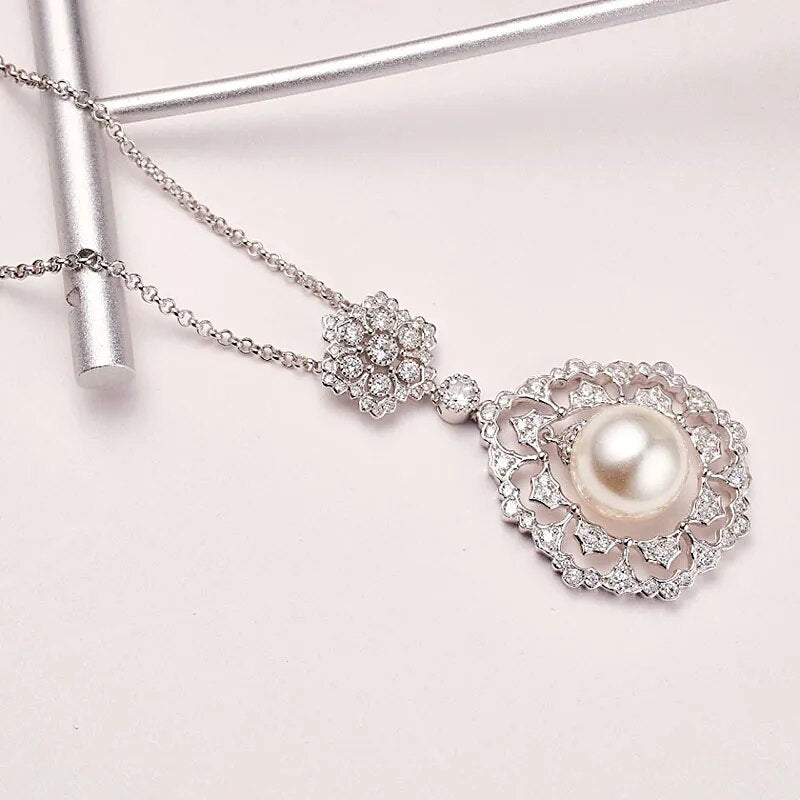 Sterling Silver White Gold Plated White Shell Pearl Pendant Necklace for Women