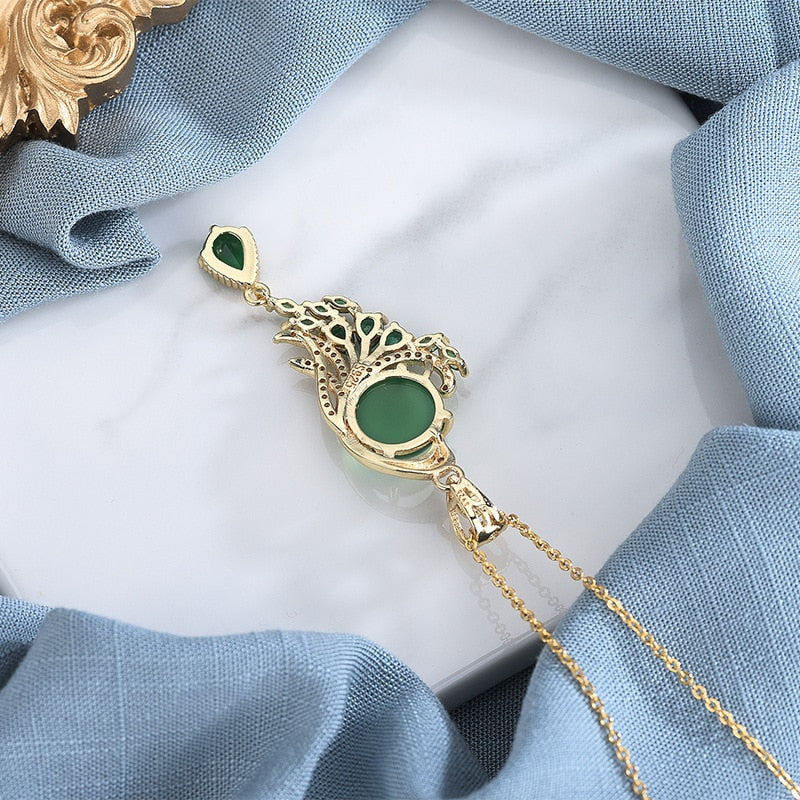 Gold Wind Green Crystal Phoenix Necklace with Chalcedony Pendant for Women