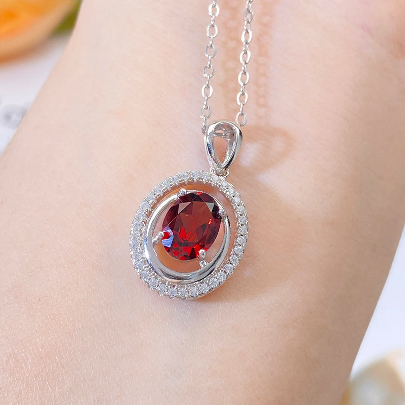 925 Sterling Silver Oval Red Garnet Pendant Necklace for Women