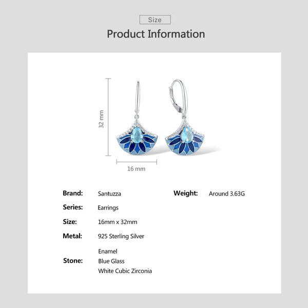 925 Sterling Silver Drop Earrings with White CZ and Blue Stone in Fan Shape