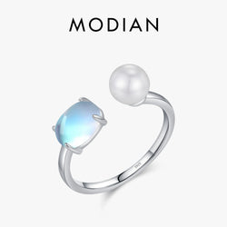 Sterling Silver Moonstone Crystal Pearl Adjustable Ring for Women