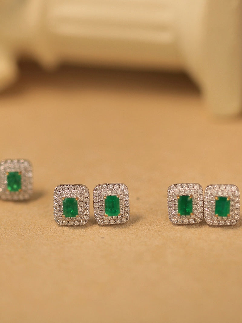 18K White Gold Natural Diamond and Emerald Halo Earrings for Women