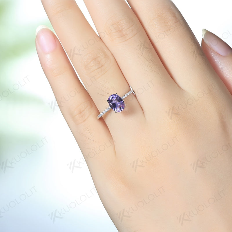 925 Sterling Silver Natural Amethyst Oval Gemstone Rings for Women