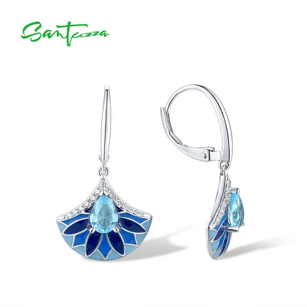 925 Sterling Silver Drop Earrings with White CZ and Blue Stone in Fan Shape