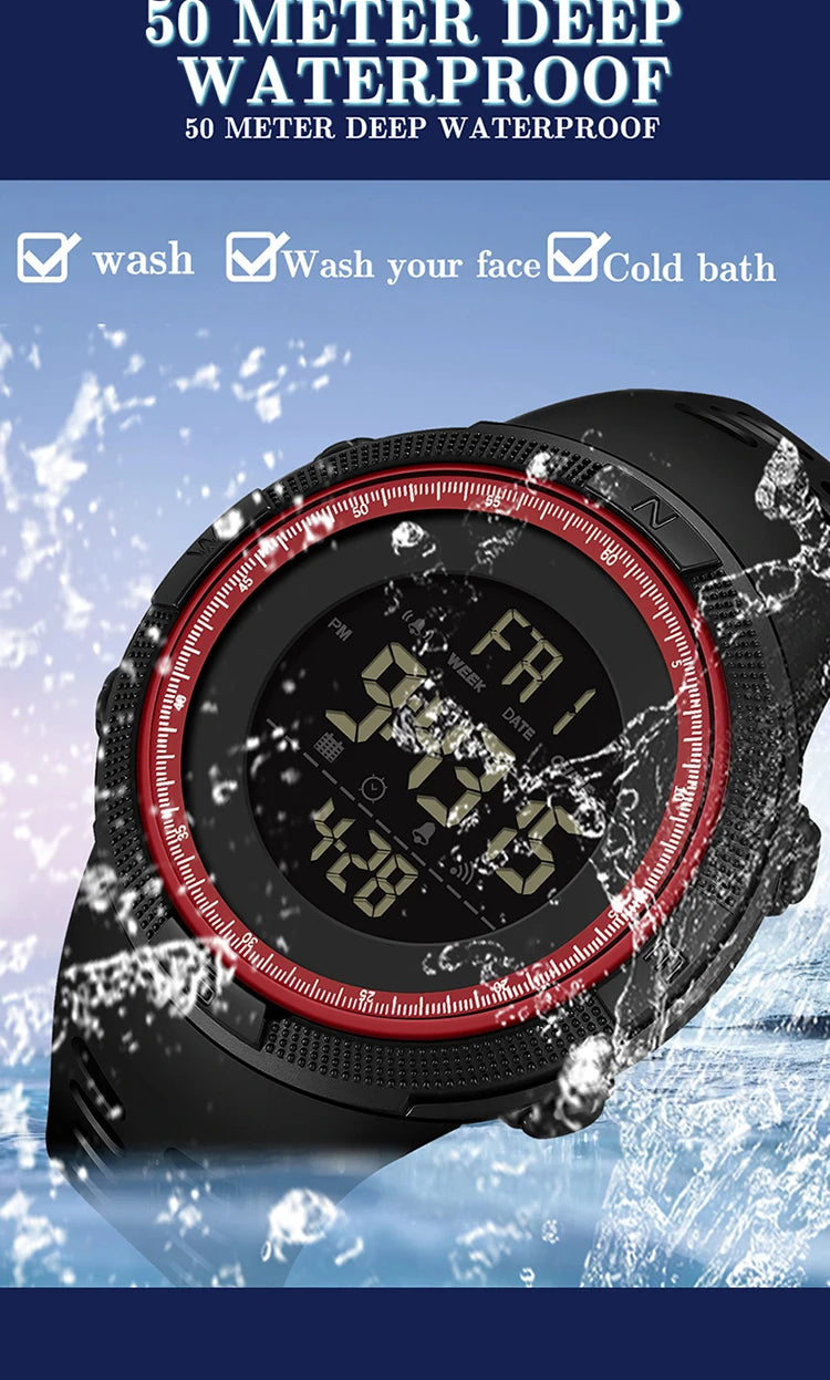 Stainless Steel Digital Sports Watch with Step Counting and Alarm for Men.