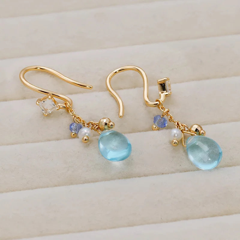 925 Sterling Silver Gold Plated Topaz and Freshwater Pearl Dangle Earrings for Women