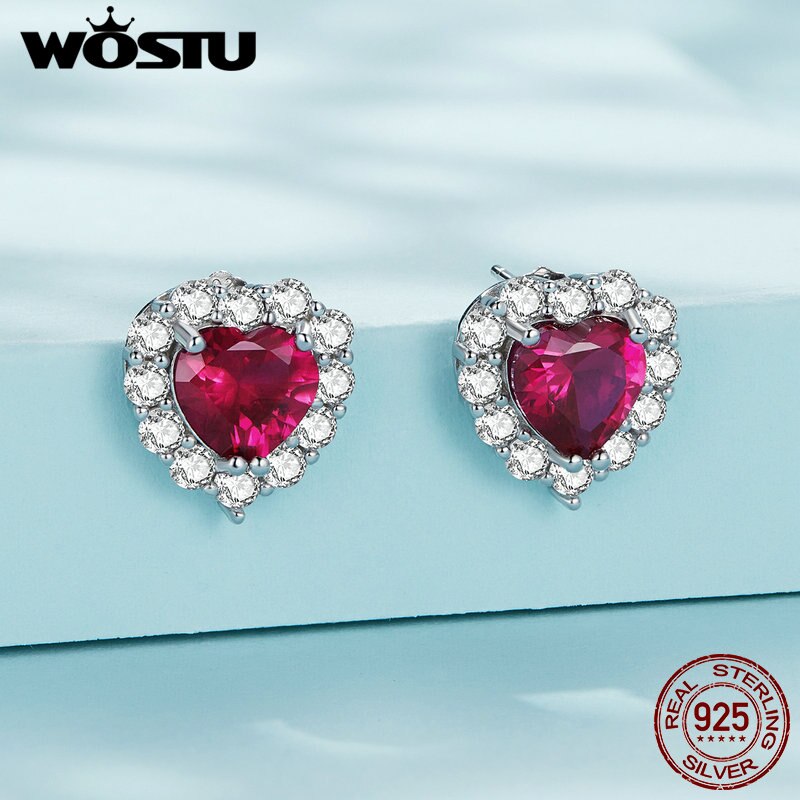 925 Sterling Silver Ruby Red Zircon Heart Stud Earrings for Women