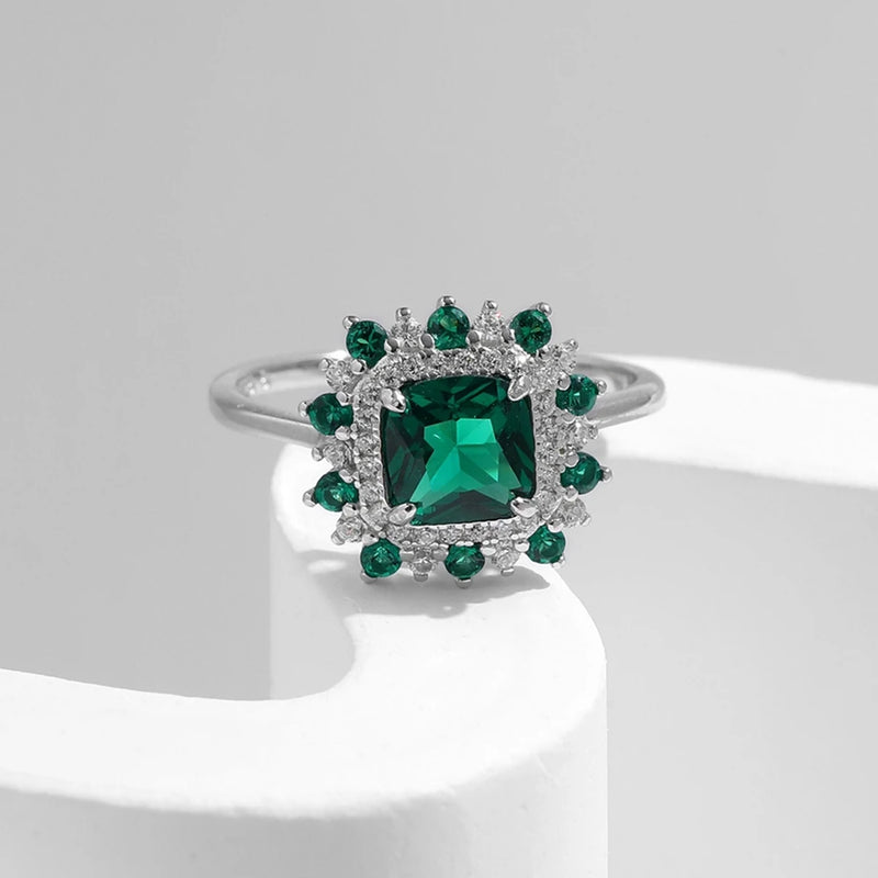 925 Sterling Silver Oval Emerald and Diamond Ring for Women