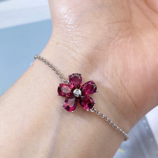 925 Sterling Silver Pyrope Red Stone Flower Bangle Bracelet for Women