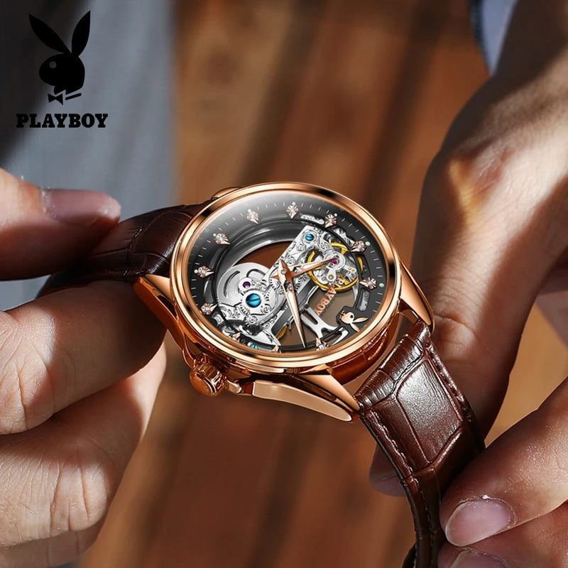 Stainless Steel Hollow Out Automatic Mechanical Watch with Luminous Leather Strap for Men