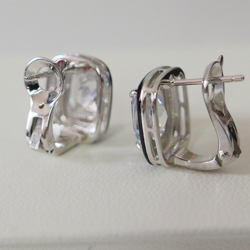 925 Sterling Silver Cushion Cut White Diamond and Black Enamel Clip Earrings for Women