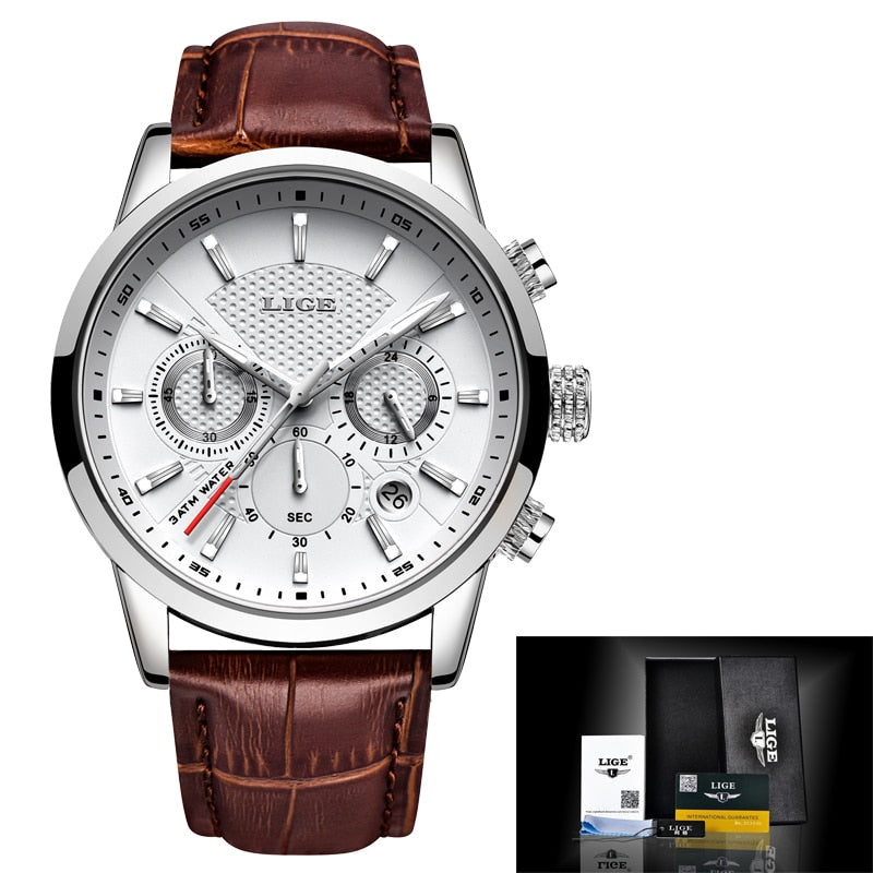 Stainless Steel Leather Casual Quartz Watch with Date & Chronograph for Men