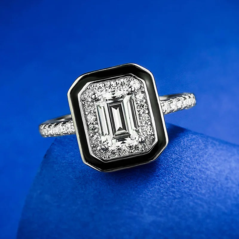 Sterling Silver 925 1CT Emerald Cut Diamond Black Border Ring for Women