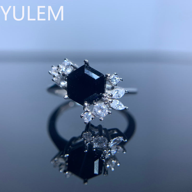 925 Sterling Silver Natural Hexagon Black Spinel Flower Ring for Women