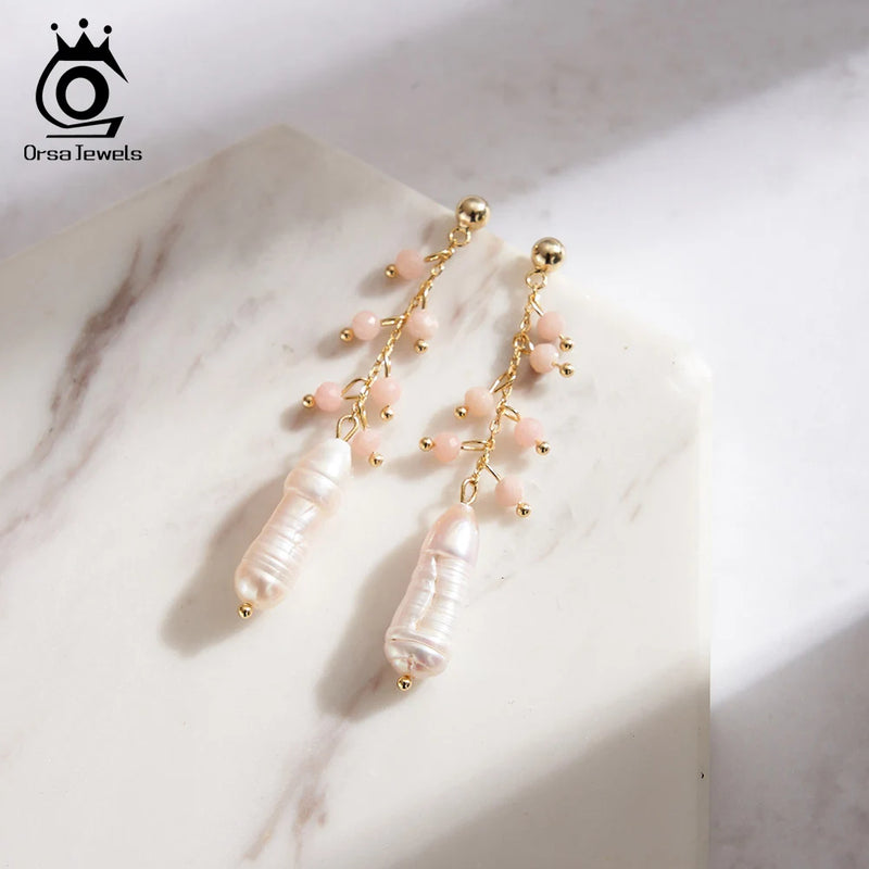 925 Sterling Silver Pink Opal and Baroque Pearl Dangle Earrings with 14K Gold Plated Pendant for Women