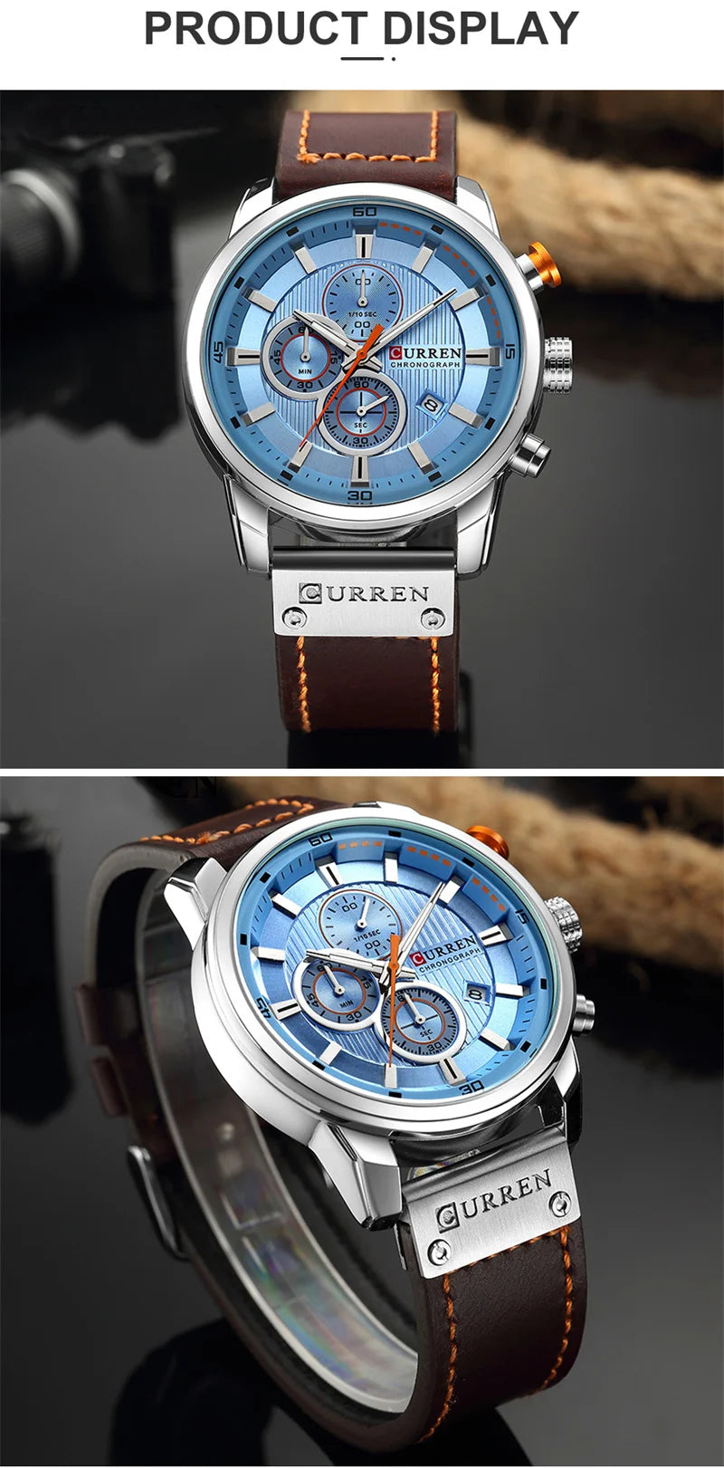 Stainless Steel Brown Leather Chronograph Watch for Men