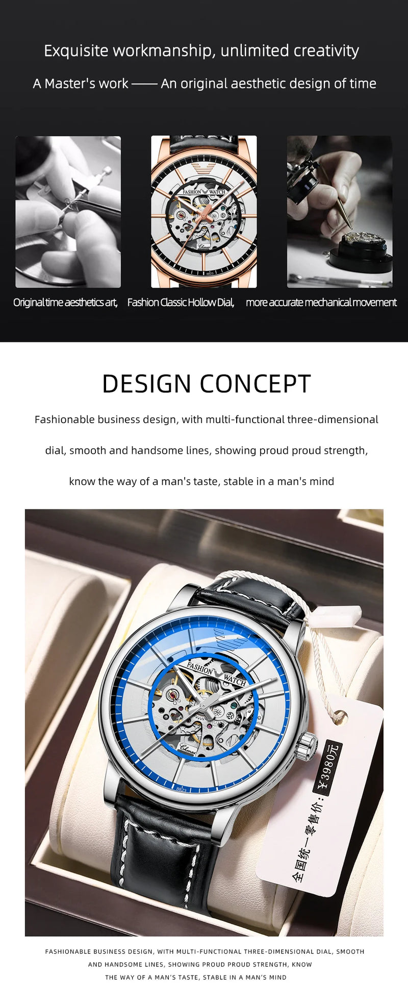 Stainless Steel Automatic Mechanical Watch with Tourbillon, for Men