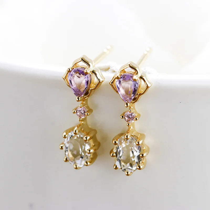 925 Sterling Silver Natural Amethyst & Topaz Stud Earrings for Women