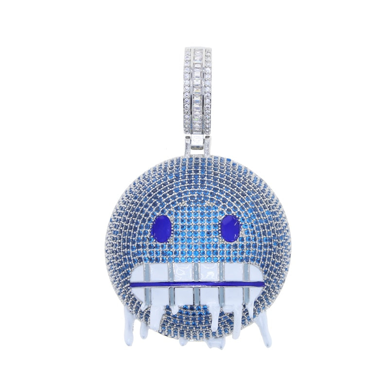 White Gold Cubic Zirconia Paved Round Face Pendant Necklace with Rope Chain Iced Out Bling for Men