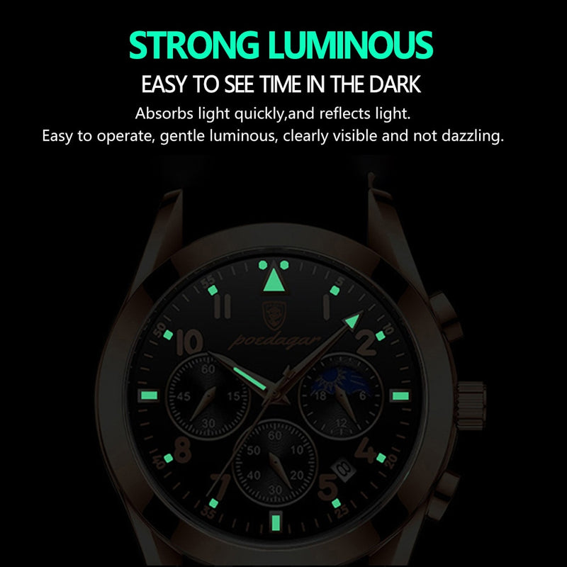 Stainless Steel Quartz Chronograph Watch with Luminous Hands for Men