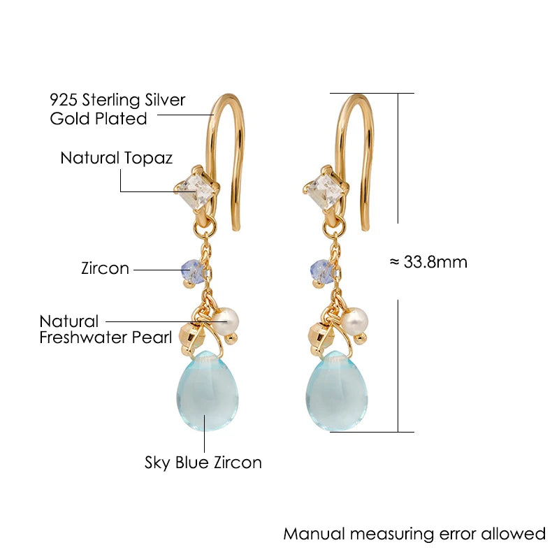 925 Sterling Silver Gold Plated Topaz and Freshwater Pearl Dangle Earrings for Women