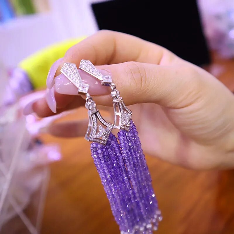 Silver Amethyst Beaded Tassel Earrings for Women