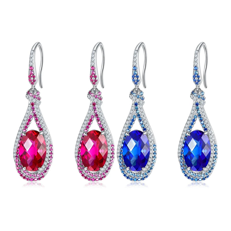 925 Sterling Silver Oval Cut 9 CT Sapphire Ruby & Diamond Water Drop Earrings for Her