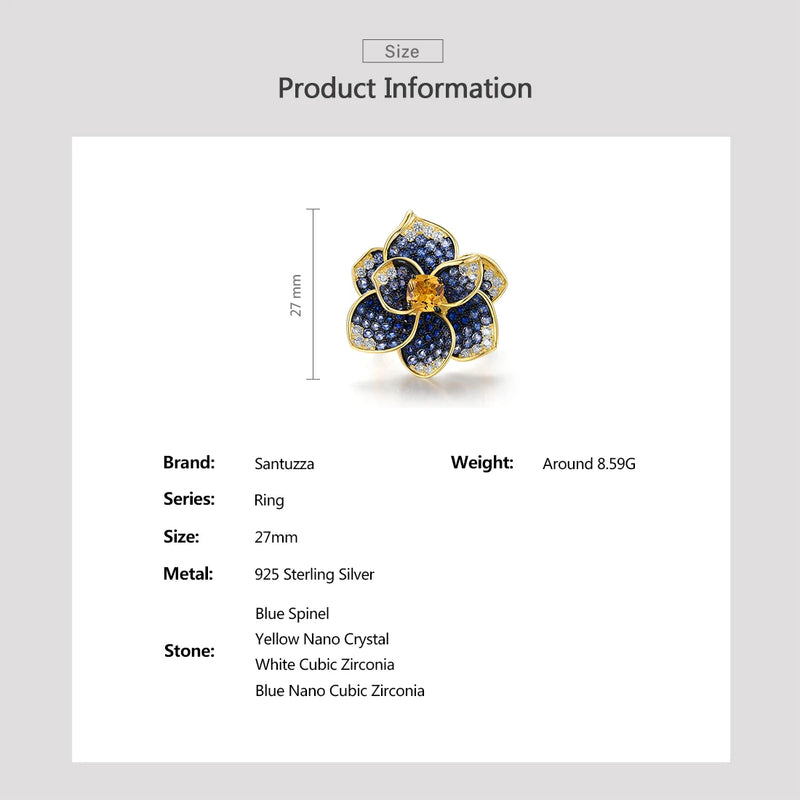 925 Sterling Silver Blue Spinel Yellow Crystal Flower Ring for Women