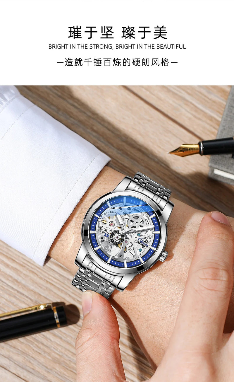 Solid Steel Automatic Hollow Luminous Mechanical Watch for Men