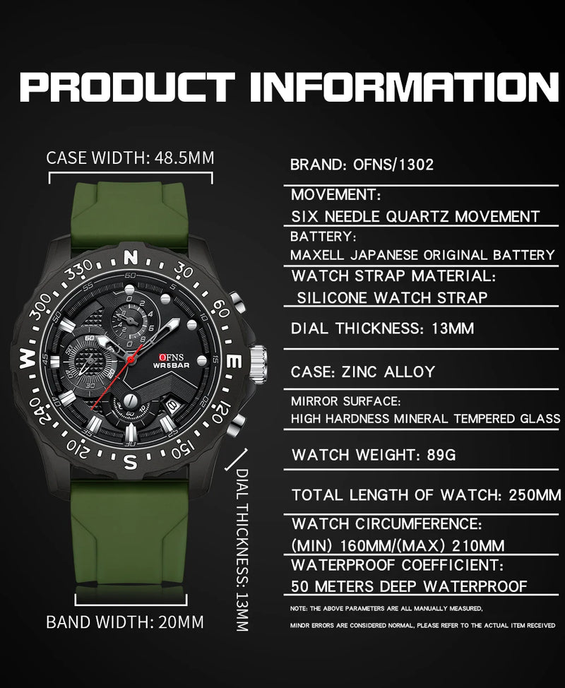 Stainless Steel Military Quartz Chronograph Wristwatch for Men