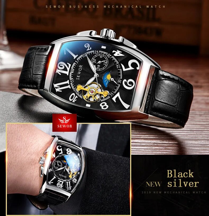 Stainless Steel Genuine Leather Strap Automatic Mechanical Watch with Moon Phase and Tourbillon for Men