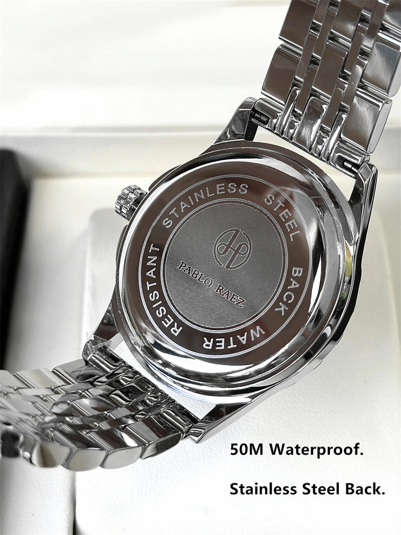 Luxury Silver Stainless Steel Wristwatch with Luminous Display and Waterproof Design for Men