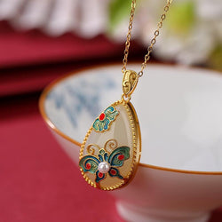 Sterling Silver Hetian Jade Watercolor Pendant with Butterfly and Enamel Necklace for Women