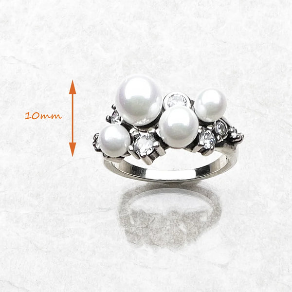 925 Sterling Silver Freshwater Pearls with White Stones Ring for Women