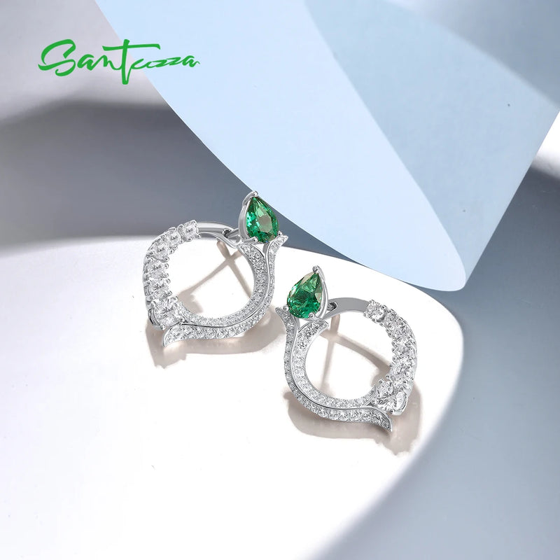 925 Sterling Silver Stud Earrings with White CZ and Green Spinel