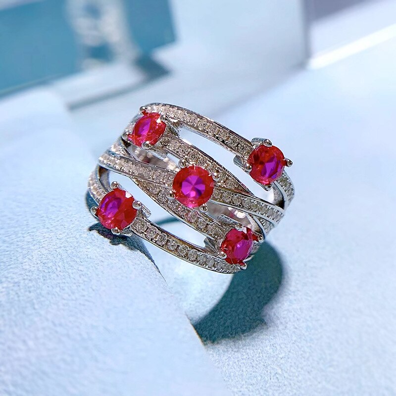 925 Sterling Silver Emerald Cut & Ruby Diamond Rings for Women