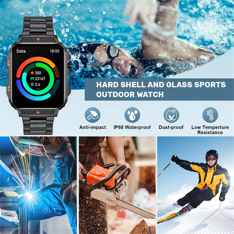 Smart Outdoor Military Watch for Sports Fitness with AI Voice, Waterproof & Bluetooth Call