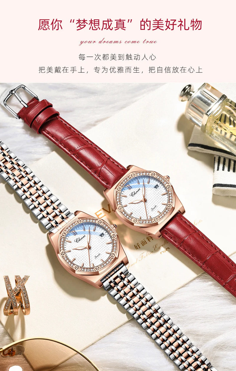 Fashion Diamond-Accented Leather Watch for Women